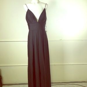 IEENA FOR MAC DUGGAL Plunge Neck High Slit Satin Gown